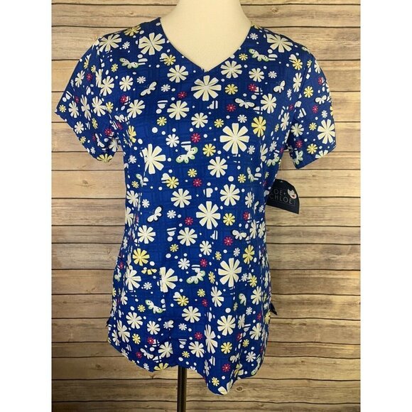 Zoe + Chloe Tops - Zoe Chloe NWT Scrub Top Small Blue Floral Butterfly Dot Print V Neck Nursing